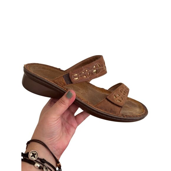 Naot Brown Leather Slip-On Sandals With Embroidered Detail & Low Wedge Heel - Picture 2 of 12